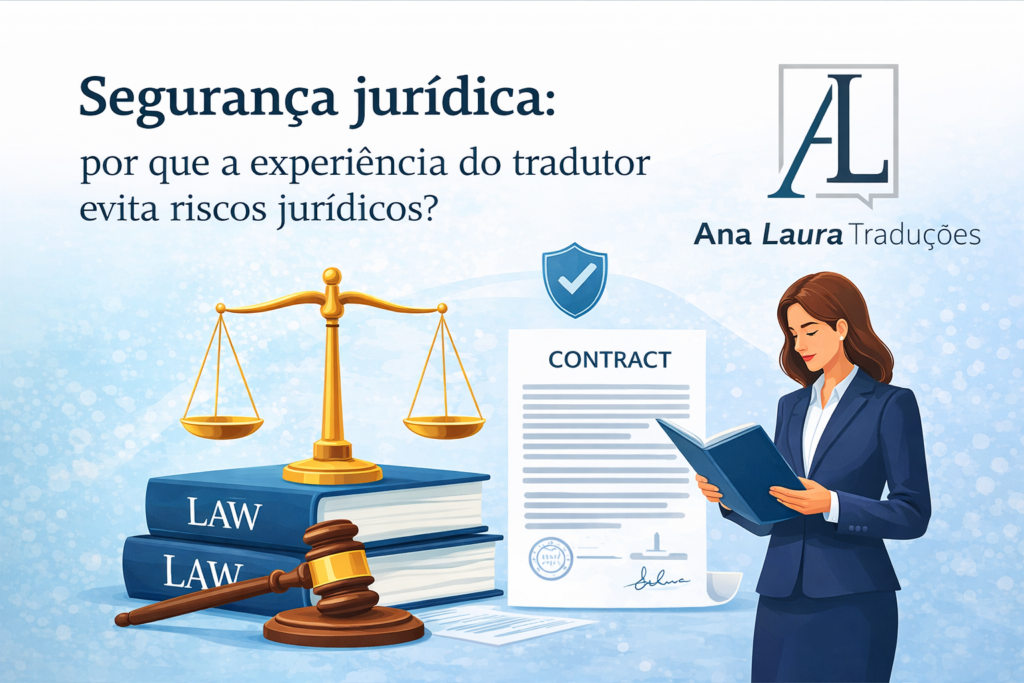 Ilustração sobre segurança jurídica na tradução juramentada com logo Ana Laura Traduções